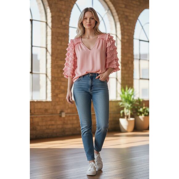 RAMY BROOK Top NEW Size XS Waverly Ruffle Short Sleeve Light Pink Blush $345 - Picture 1 of 5